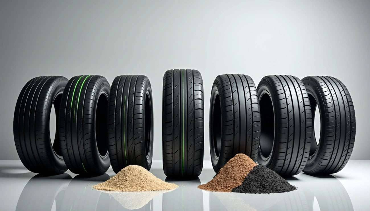 A lineup of eco-friendly tires with green stripes displayed behind piles of natural and recycled materials