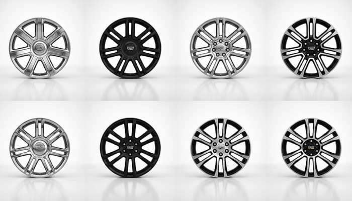 Eight different stylish rims displayed below two Cadillac Escalade SUVs highlighting the best 2025 options
