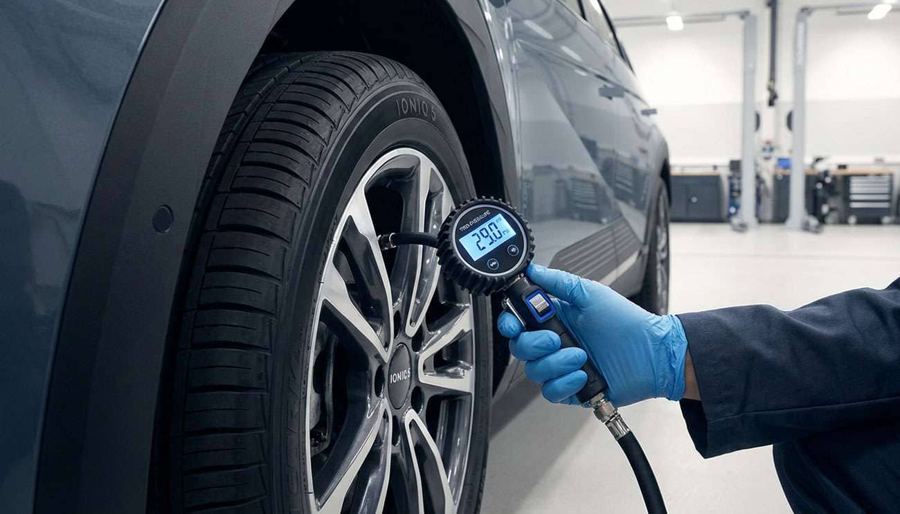 Person wearing gloves using a digital tire pressure gage to check a car tire's pressure at 29.0 PSI