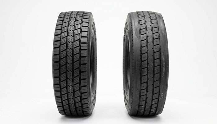 Comparison of two truck tire treads showing even center wear on one and heavy shoulder wear on the other
