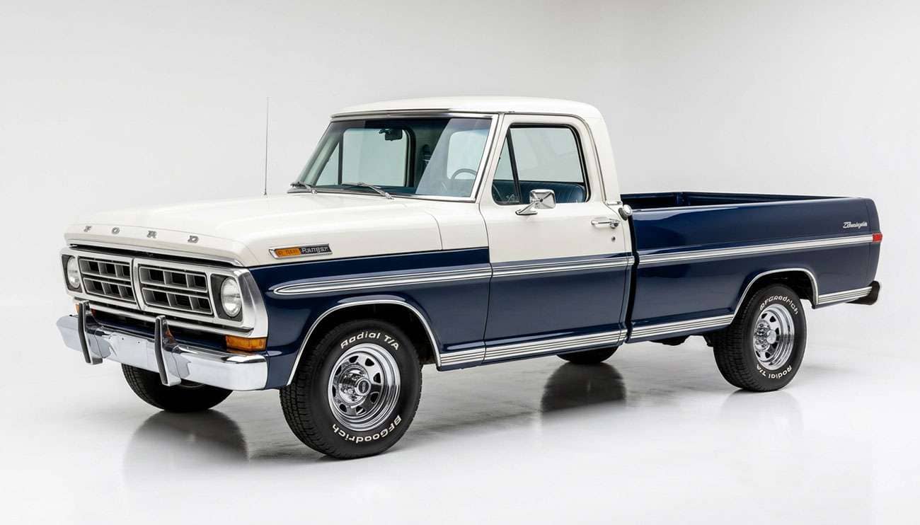1970s Ford F-100 dentside pickup on classic 15 inch slotted wheels with raised white letter tires