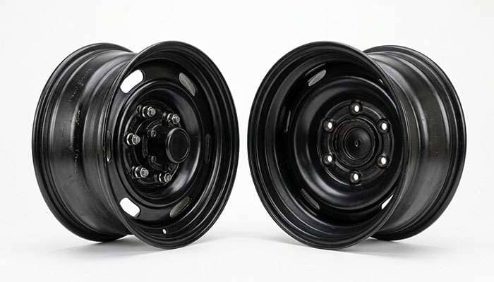 Two factory pickup truck wheels shown side by side in profile, one narrow with deep positive offset and one wider with lower offset, mounting faces aligned