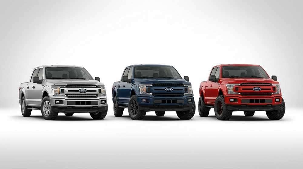 Three Ford F150 trucks showing different wheel sizes, offsets, and tire fitments from stock to large off-road tires