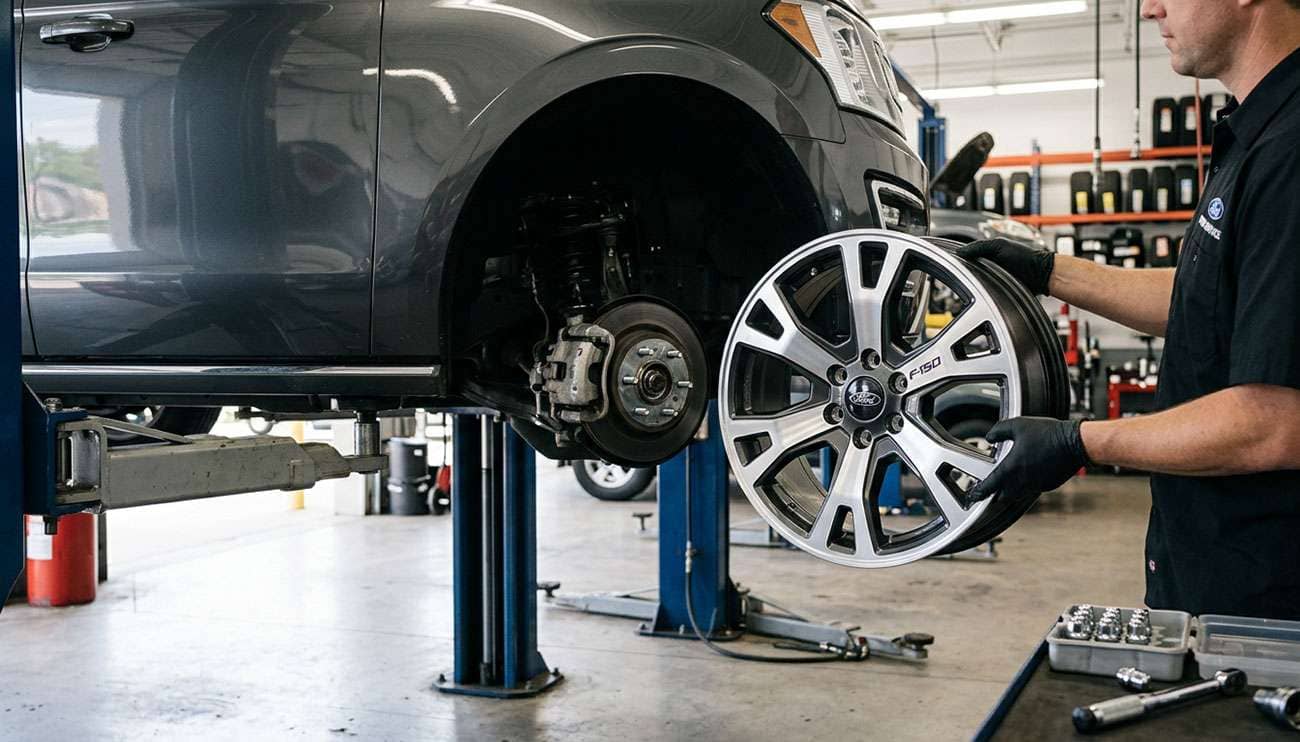 Ford F-150 six-lug alloy wheel being test-fitted on the rear hub of a Ford Expedition in a tire shop