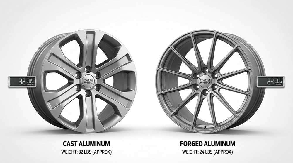 Comparison chart showing weight differences between cast amd forged wheels and other wheel types