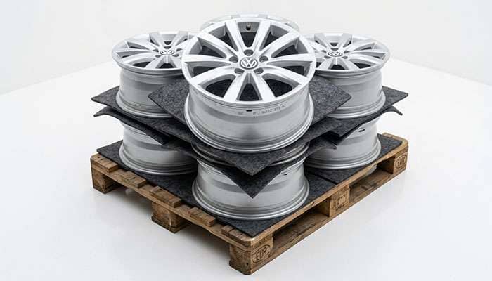 Stack of four original factory alloy wheels on a wooden pallet ready for storage