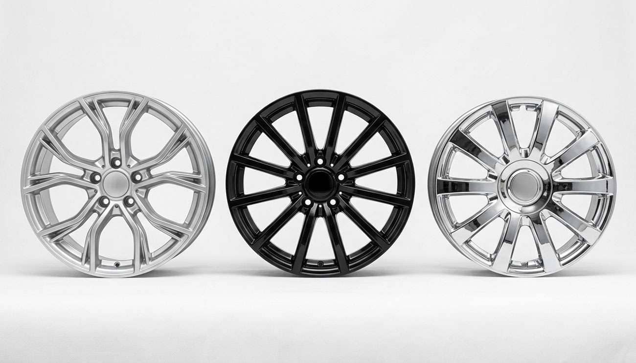 Replica alloy wheel, unbranded counterfeit-style wheel, and chrome full wheel cover laid side by side for comparison