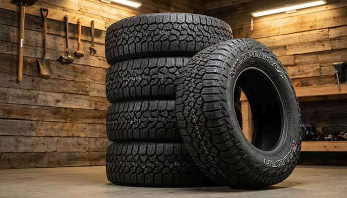 Stack of new Falken Wildpeak all-terrain tires inside a garage with a wooden wall background