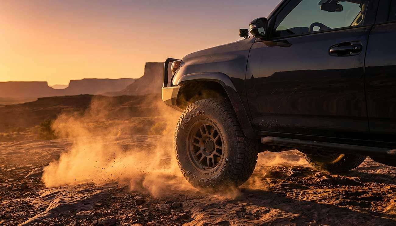 Close-up of Falken Wildpeak AT tire on off-road vehicle driving over rocky desert terrain at sunset