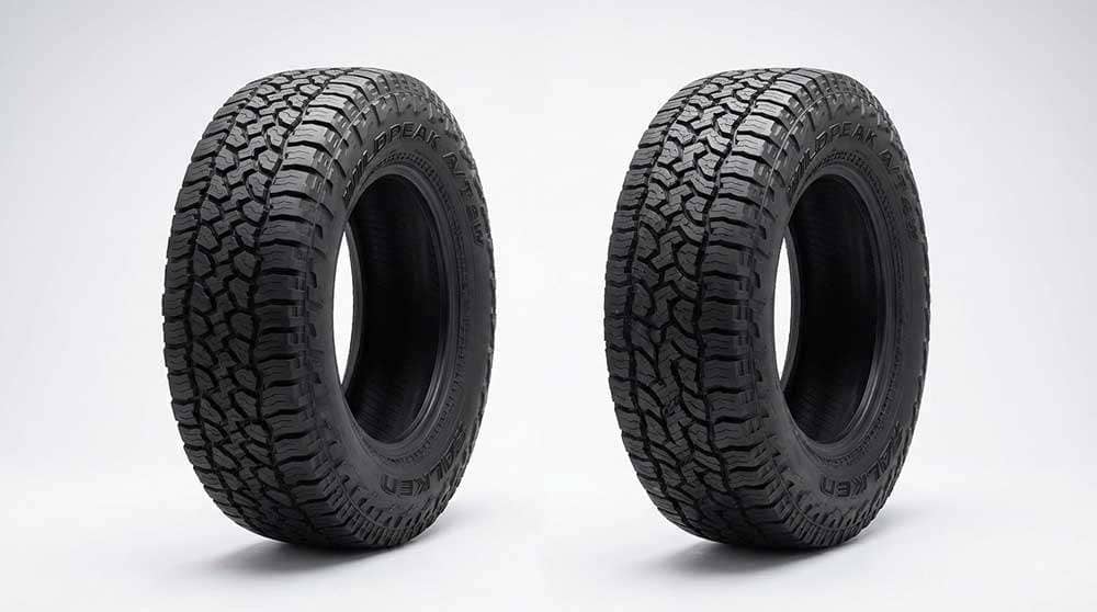 Comparison of Falken Wildpeak A/T3W and A/T4W tires showing tread patterns and wheel designs side by side