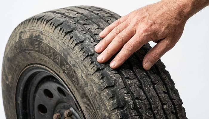 Hand running across a trailer tire tread to feel feathered edges on the inside ribs