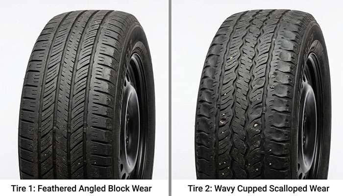 Side-by-side comparison of feathered tread wear and cupped tread wear patterns