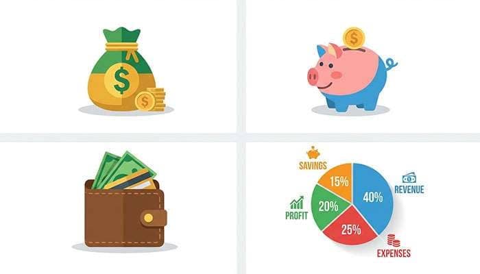 Set of four finance infographics featuring money bags, piggy bank, wallet, and pie chart with revenue and income stats