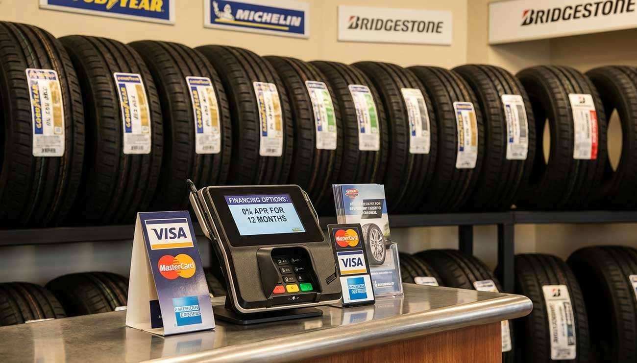 Tire financing options displayed with credit cards and payment terminal at professional tire shop