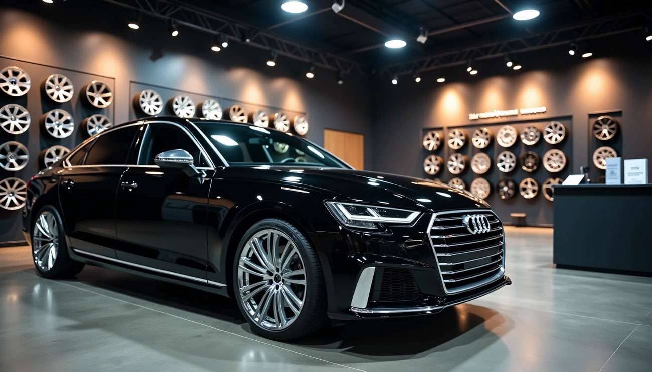 Black luxury Audi sedan displayed in a showroom with a variety of wheel rims on the walls behind it