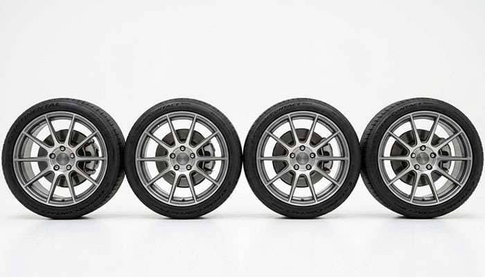 A full set of four matching mounted wheel and tire assemblies on a clean white studio backdrop