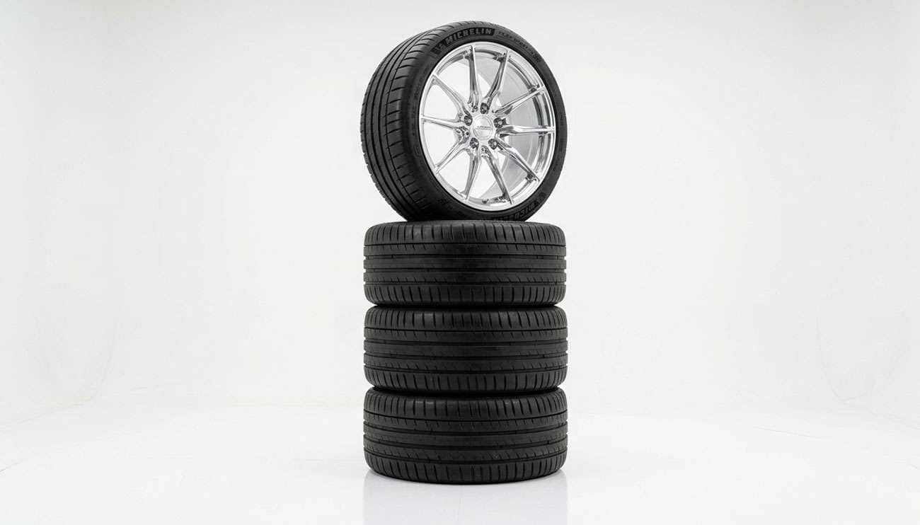A mounted aftermarket wheel-and-tire package displayed against a clean white studio backdrop