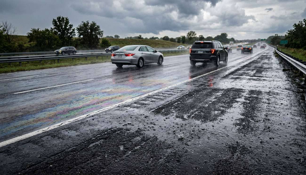 Rain beginning to fall on highway creating dangerous slick road conditions during first 10 minutes