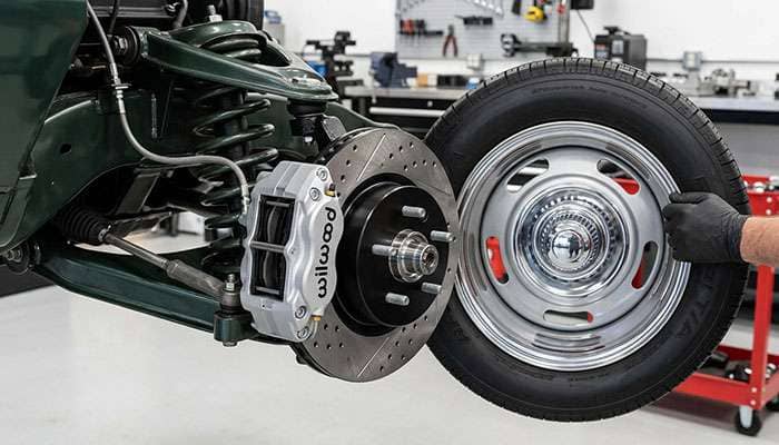 Front disc brake caliper and rotor on a first-gen Camaro spindle with a 15-inch Rally-style wheel held up for clearance check