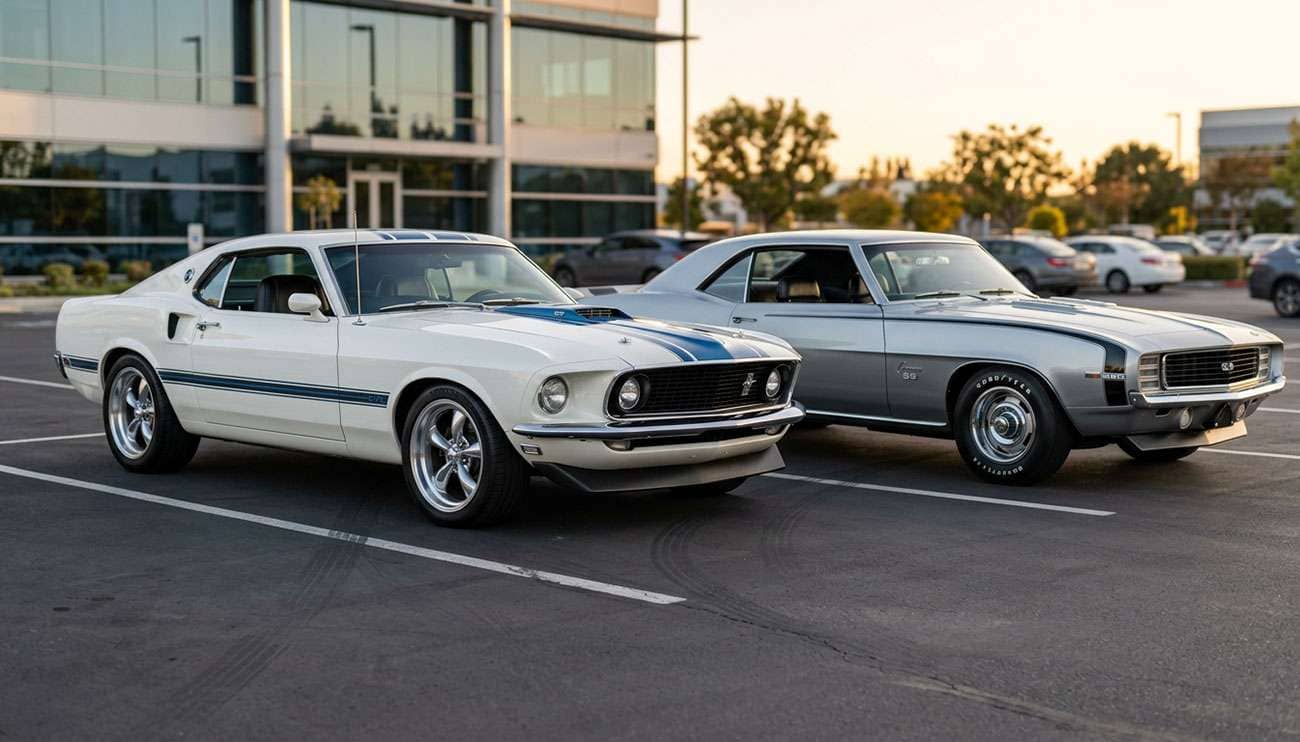 1969 Camaro on modern 17-inch wheels and tires parked beside a 1967 Camaro on factory-style 14-inch Rally wheels