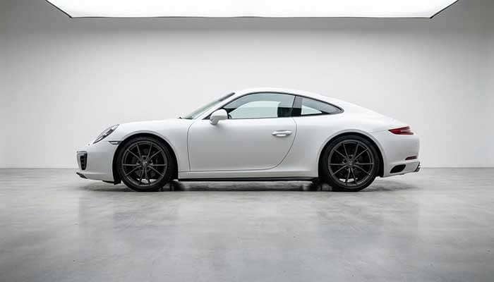 Person gestures beside text and image of white car with perfect flush fitment on wall screen