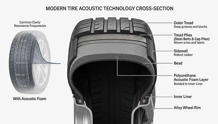 Cutaway of a foam-lined acoustic tire showing the sound-absorbing inner layer