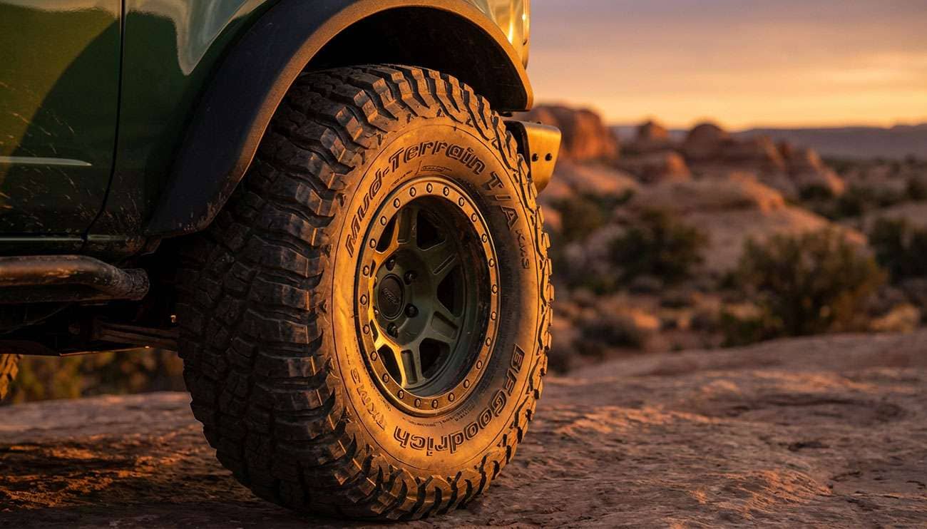 Close-up of rugged aftermarket tire on a Ford Bronco in a desert setting at sunset