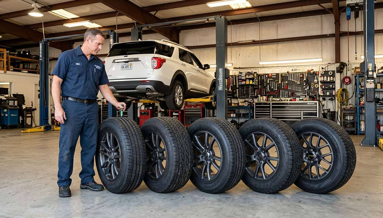 Man in a garage comparing five different aftermarket tires with a Ford Explorer SUV in the background