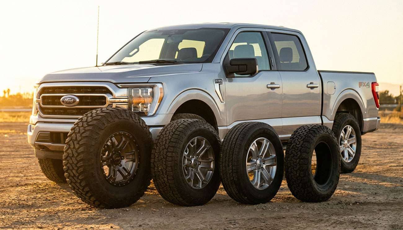 Silver Ford F-150 truck parked outdoors with four different aftermarket tires displayed in front at sunset