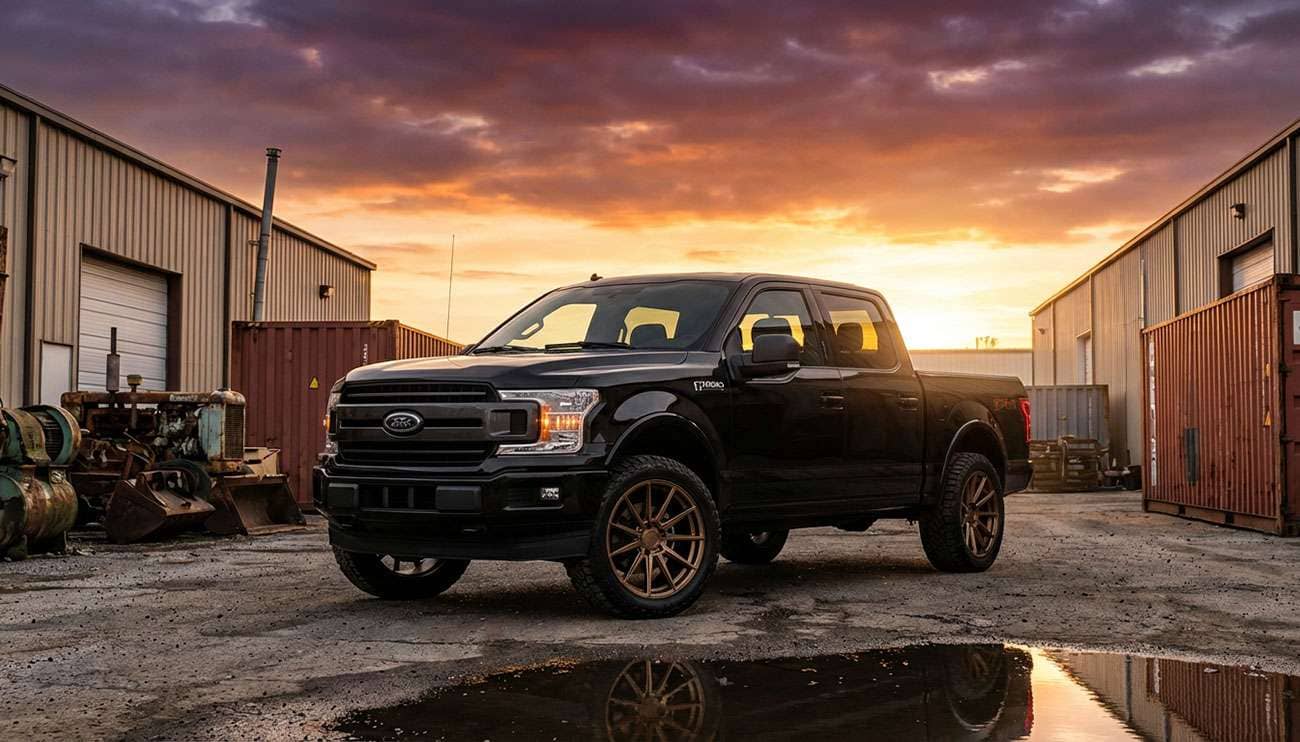 Black Ford F150 pickup truck with bronze aftermarket wheels parked at sunset in an industrial area