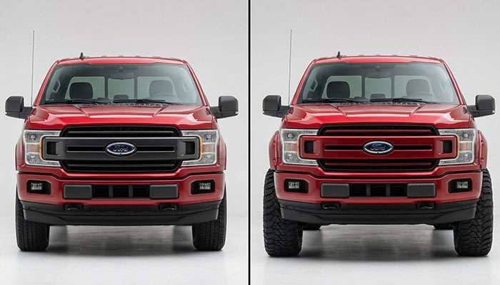 Front view of a red 2015-2020 Ford F150 showing stock fitment on the left and widened tires and wheels on the right