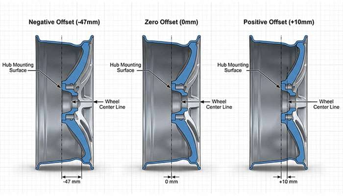 Comparison chart showing Ford Mustang wheel offsets at -47mm, zero, and +10mm with hub and center measurements