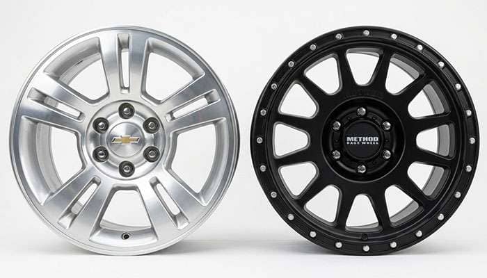 Side-by-side comparison of a high positive offset factory Ford Ranger wheel and a zero offset aftermarket wheel showing different backspacing