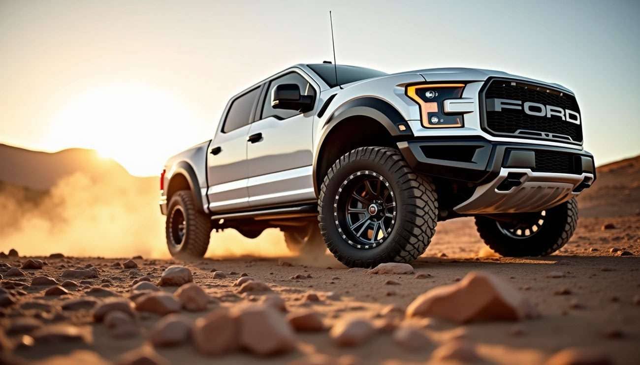 White Ford F150 Raptor with aftermarket wheels driving on rocky desert terrain at sunset