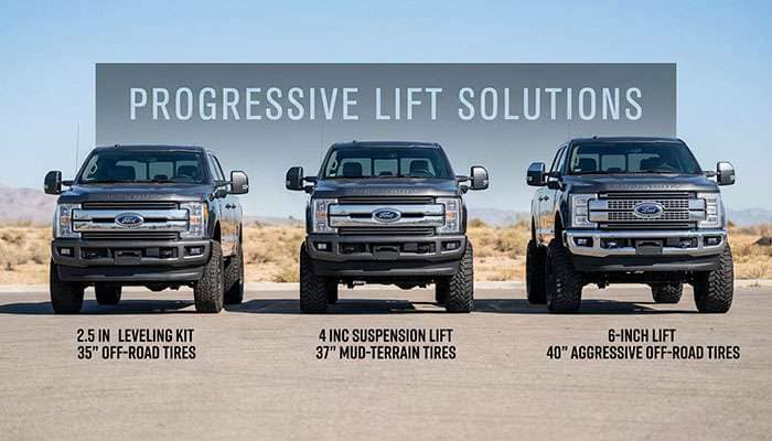 Three gray Ford Super Duty trucks parked side by side showing 2.5' leveled, 4' lift, and 6' lift with large off-road tires.