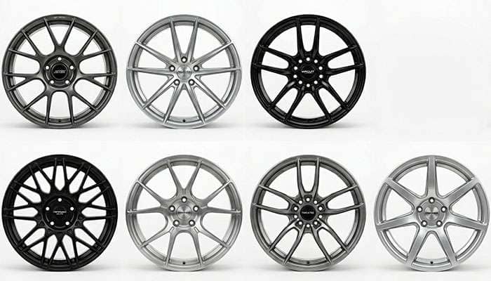 Six different designs of forged and cast alloy car wheels displayed in two rows against a white background