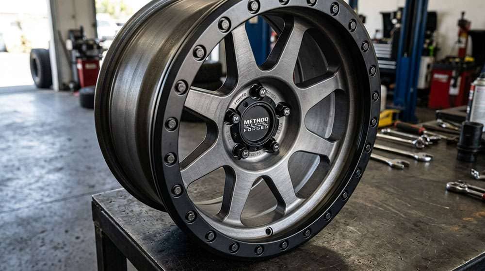 Close-up of forged aluminum off-road wheel showing thick spoke construction and reinforced bead seat area