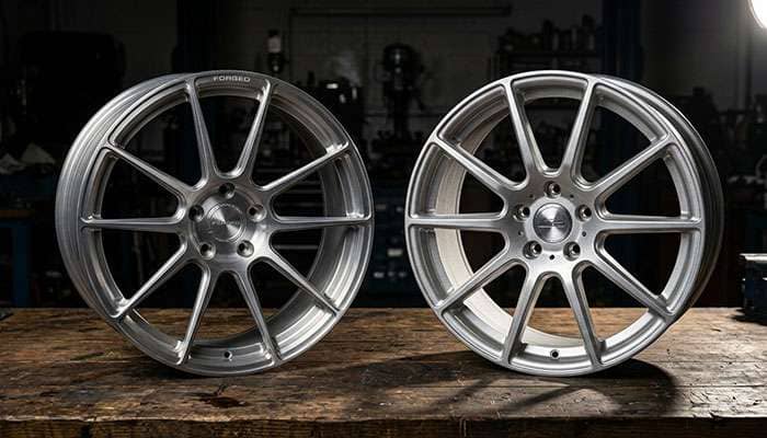 comparison of a forged aluminum wheel and a cast aluminum wheel showing cross-section and construction differences