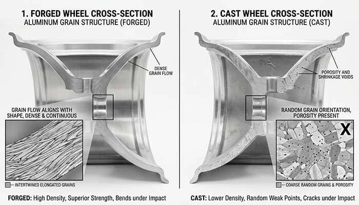 Cross-section comparison of forged versus cast wheel showing aluminum grain structure