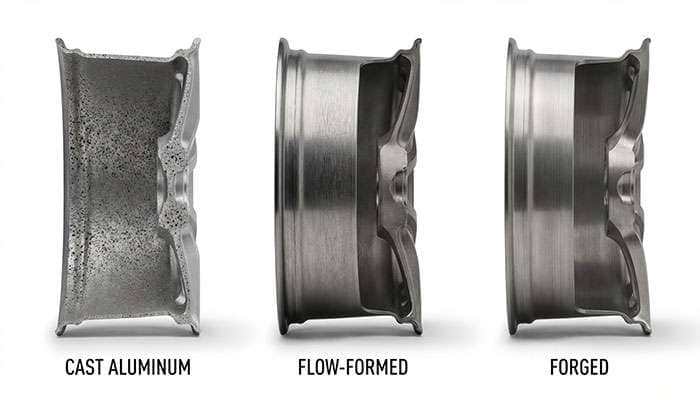 Comparison of forged versus cast wheels highlighting differences in material grain structure and design