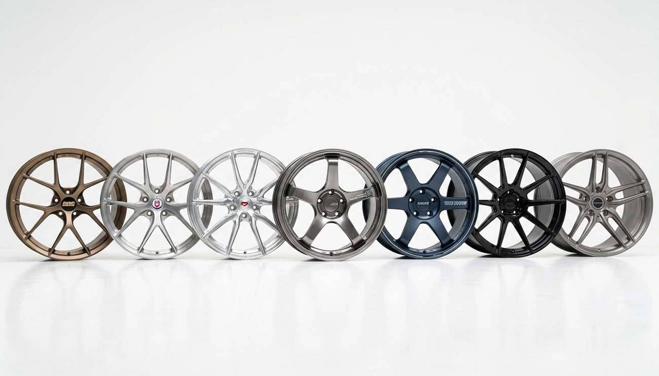 Lineup of popular forged aluminum wheels from top brands on a white studio backdrop