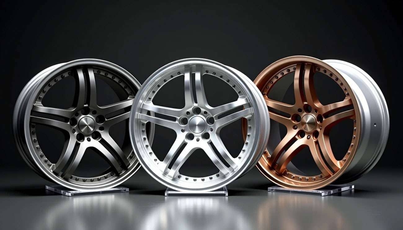 Three forged alloy wheels in black, silver, and bronze finishes displayed on stands against a dark background