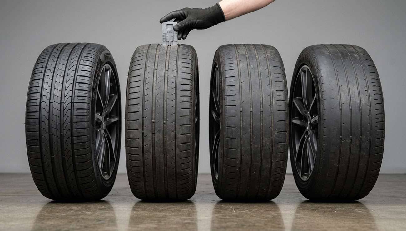 Four passenger car tires arranged on a shop floor with a tread depth gauge measuring one tire showing varying wear levels across the set