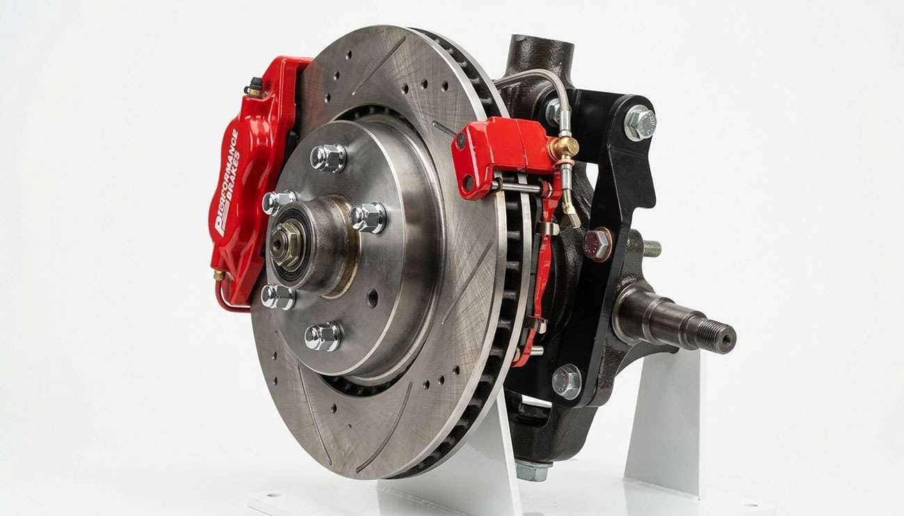 Front disc brake conversion kit fully assembled showing rotor caliper and mounting bracket on a classic car hub