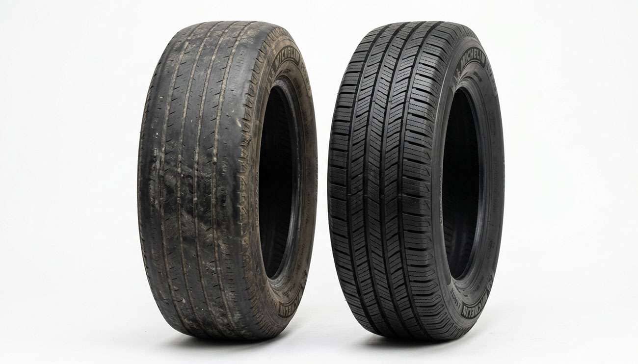A worn front tire shown next to a less worn rear tire to compare tread wear on a white studio backdrop