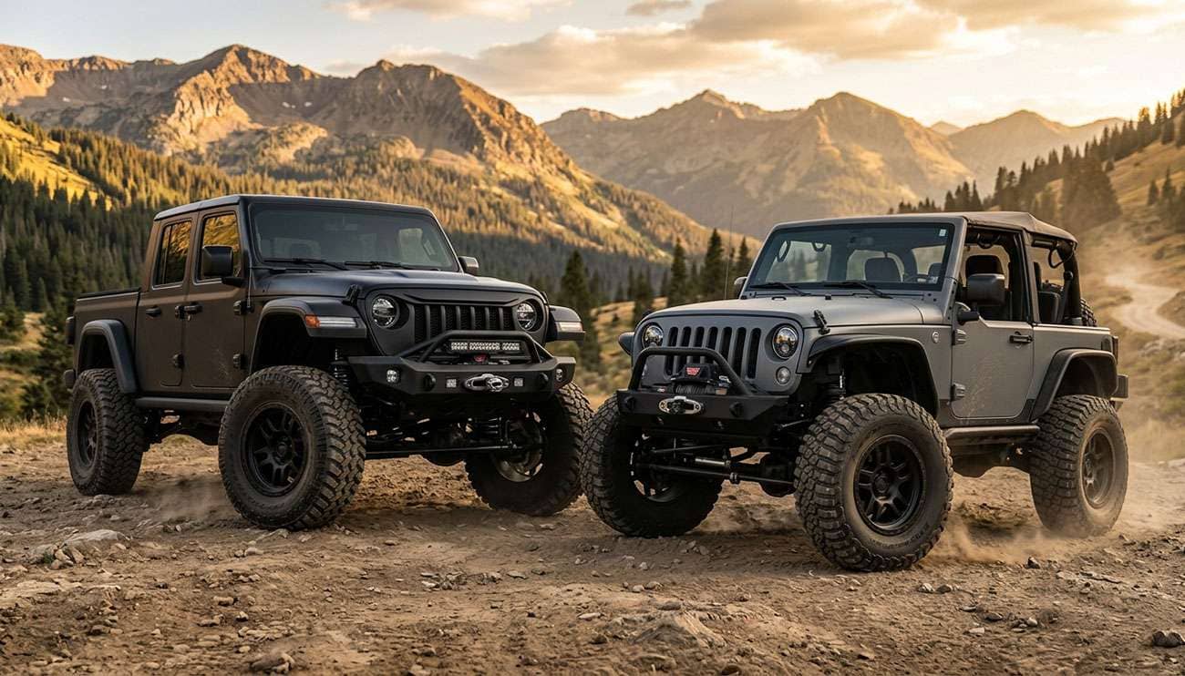 Lifted truck and Jeep side-by-side on dirt showing two distinct off-road wheel brand aesthetics