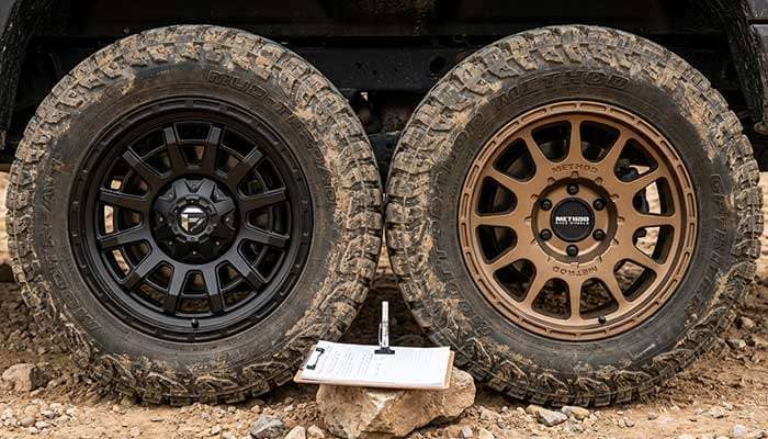 Close-up of off-road tire and wheel with Fuel Off-Road vs Method Race Wheels in-depth review