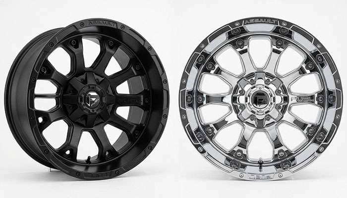 Fuel Assault D546 wheels shown side by side in matte black and chrome finishes