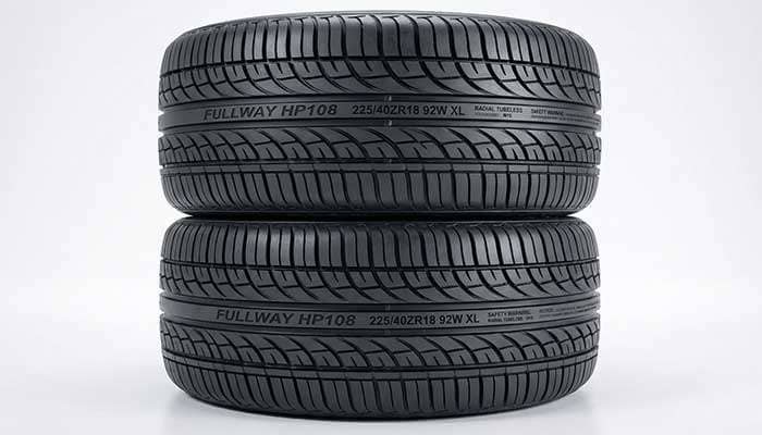 Close-up of stacked Fullway HP108 all-season radial tires showing detailed tread patterns and sidewall markings
