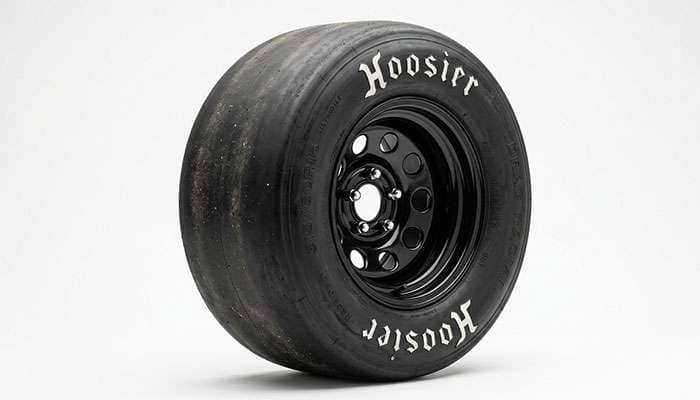 Wide rear drag tire for a gasser, a fat sticky meat with tall sidewall, shown on a clean white studio backdrop